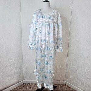 Vintage Long Nightgown White Satin Blue Floral Inner Fleece Size LARGE MINT